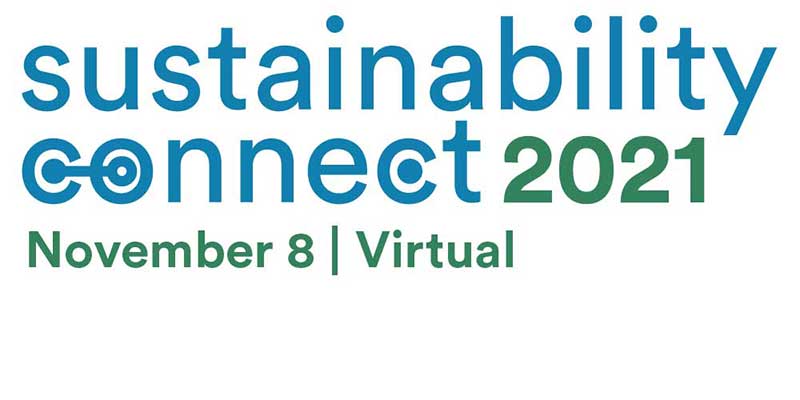 sustainability connect spelled out in blue and green