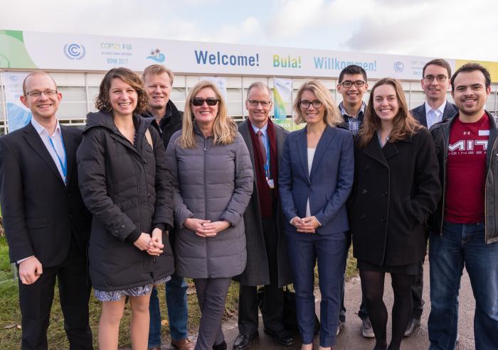 Members of the MIT delegation to the 2017 UN Climate Change Conference gather outside the venue in Bonn, Germany (l-r): Jonas Knapp, Laur Hesse Fisher, Michael Casey, Kathleen Kennedy, Thomas Malone, Jessika Trancik, Stephen Lee, Morgan Edwards, To...