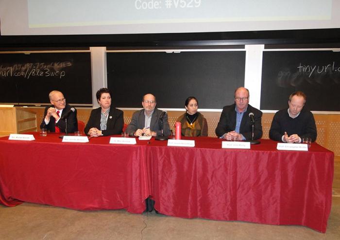 On Jan. 25, the MIT Climate Action Team organized a carbon-pricing panel that included (from left to right) Massachusetts State Sen. Michael Barrett, State Rep. Jennifer Benson, Climate XChange Research and Policy Director Marc Breslow, Associat...