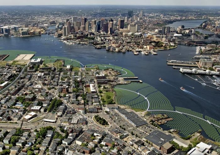 
              Aerial view photo montage of the Emerald Tutu in Boston Harbor, here shown flanking and protecting the waterfront areas of East Boston.
              Image: The Emerald Tutu
      