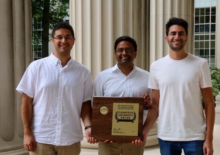 Left to right: Infinite Cooling researchers graduate student Karim Khalil, associate professor of mechanical engineering Kripa Varanasi, and graduate student Maher Damak.Photo: Alexi Taylor Ko