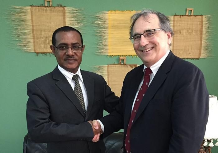 Joint Program on the Science and Policy of Global Change Research Scientist Kenneth Strzepek meets with Ethiopian Minister of Agriculture Tefera Deribew.Photo: Brent Boehlert Joint Program on the Science and Policy of Global Change Research Scientist Kenneth Strzepek meets with Ethiopian Minister of Agriculture Tefera Deribew.Photo: Brent Boehlert