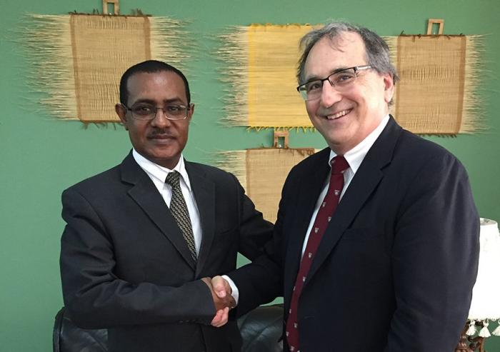 Joint Program on the Science and Policy of Global Change Research Scientist Kenneth Strzepek meets with Ethiopian Minister of Agriculture Tefera Deribew.Photo: Brent Boehlert