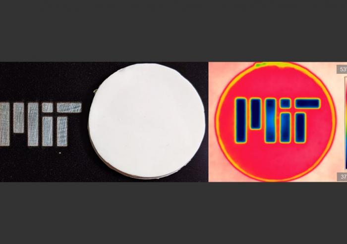 In the photo on the left, a disk of the new insulating material blocks and reflects visible light, hiding the MIT logo beneath it. But seen in infrared light, at right, the material is transparent and the logo is visible.