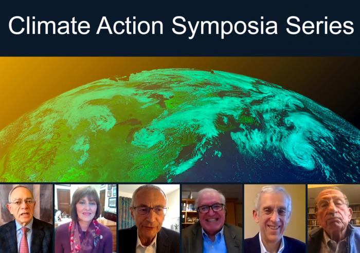 
              The last of MIT’s six Climate Action Symposia, What is the World Waiting For? Policies to Fight Climate Change, was held virtually on Nov. 16, 2020. From left to right: L. Rafael Reif, Katherine Castor, John Podesta, Paul Joskow...