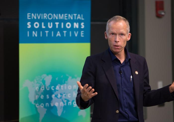 Johan Rockstrom speaks at the Environmental Solutions Initiative's first People and the Planet lecture of 2017. Photo: Casey Atkins