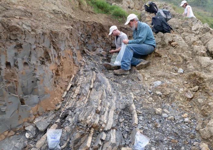 Sam Bowring (front) and former graduate student Seth Burgess inspect the End-Permian extinction horizon at Penglaitan. Image: Shuzhong Shen