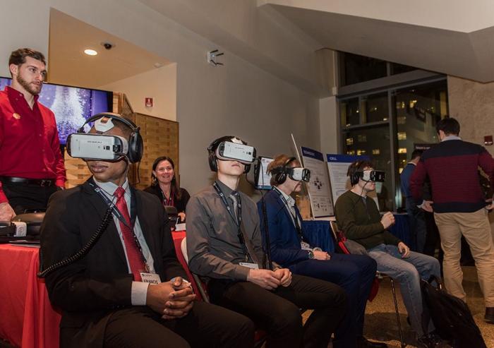 At the Friday evening “Energy Showcase,” participants tried out a virtual reality demonstration put on by Shell, one of the conference sponsors.Courtesy of the MIT Energy Conference