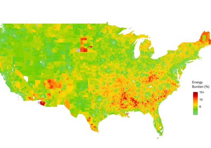 This map shows changes in the average energy burden for U.S. households from 2015 to 2020. Households experiencing an energy burden in costs greater than 6 percent of income are classified as energy-poor. Darker shades indicate higher energy burdens, and grey areas indicate census tracts where the estimates are unavailable.