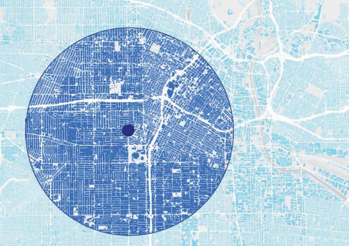 A new study found that cities with an orderly pattern, like the street grid seen in most of this map, have a much greater urban heat island effect than those with a more disorderly pattern, such as areas in the upper right. 
Courtesy of the researchers