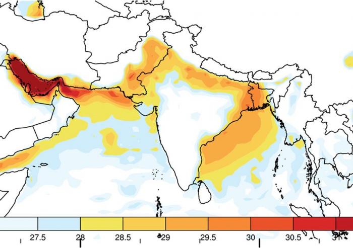 A new study shows that without significant reductions in carbon emissions, deadly heat waves could begin within as little as a few decades to strike regions of India, Pakistan, and Bangladesh. This map shows the maximum wet-bulb temperatures (whic...