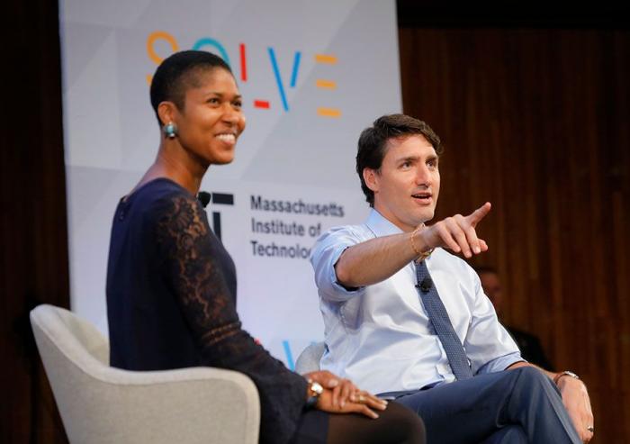 Canada’s Prime Minister Justin Trudeau, right, was interviewed onstage at Kresge Auditorium by Media Lab assistant professor Danielle Wood, who then took questions from the capacity audience.Image: Adam Schultz/MIT Solve