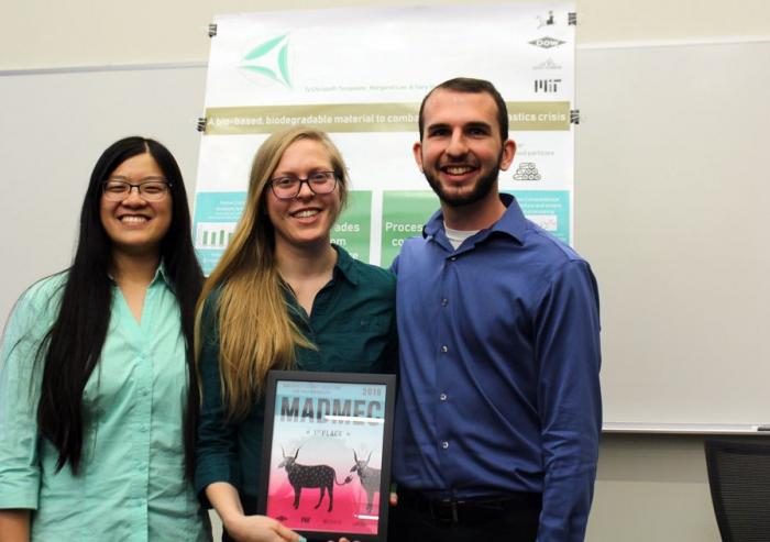 Members of the winning team, ecoTrio, from this year’s MADMEC competition. From left to right are Margaret Lee, Sara Sheffels, and Ty Christoff-Tempesta. Image: James Hunter