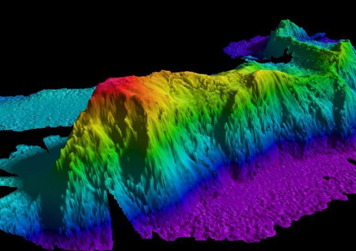 A map of a seamount in the Arctic Ocean created by gathering data with a multibeam echo sounder. Researchers have found that such topographic features can trap deep waters and produce turbulence.Image courtesy of National Oceanic and Atmospheri...