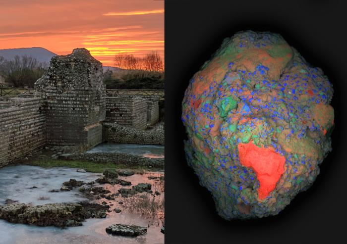 
              A large-area elemental map (Calcium: red, Silicon: blue, Aluminum: green) of a 2 cm fragment of ancient Roman concrete (right) collected from the archaeological site of Privernum, Italy (left). A calcium-rich lime clast (in red)...