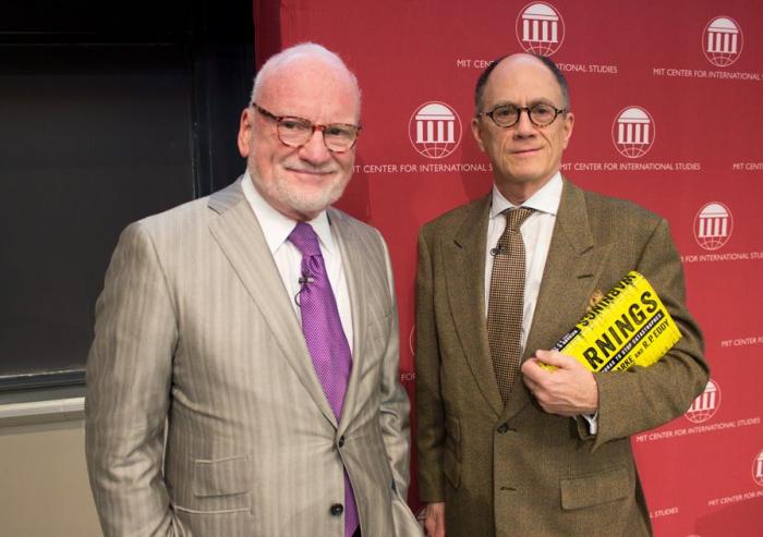 Left to right: Richard Clarke SM ’79, former national coordinator for Security, Infrastructure Protection and Counter-terrorism for the United States; and Joel Brenner, former head of counterintelligence under the Director of National Intelligenc...