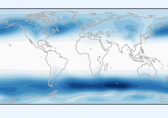 MIT researchers find that extratropical storm tracks — the blue regions of storminess in the Earth's middle latitudes — would change significantly with solar geoengineering efforts.Image: Courtesy of the researchers MIT researchers find that extratropical storm tracks — the blue regions of storminess in the Earth's middle latitudes — would change significantly with solar geoengineering efforts.Image: Courtesy of the researchers