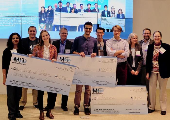 On Wednesday night, Oasis, a student team from Georgia Tech (center), won the $15,000 grand prize in the MIT Water Innovation Prize competition for its simple, inexpensive test for detecting E. coli in drinking water in India. Second-place prize...
