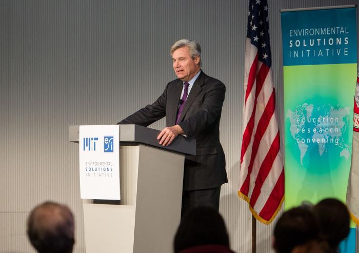 Senator Sheldon Whitehouse was the guest speaker at an MIT Environmental Solutions Initiative People and the Planet lecture.Photo: Casey Atkins