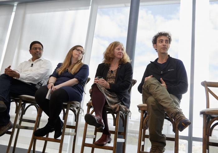 Panelists discuss projects that use MIT as a test bed: (l-r) Associate Professor Kripa Varanasi; Institute for Data, Systems, and Society PhD Student Rachel Perlman; Office of Development, Health and Safety Associate Director Pamela Greenley; an...