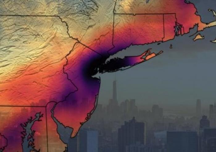 
              A map of the NYC tri-state area showing the average tropospheric NO2 concentrations prior to the March 2020 Covid-19 stay-at-home measures, superimposed over the hazy NYC skyline.
              Image courtesy of NASA
      