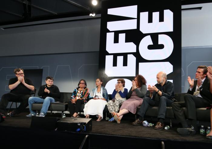 Left to right: LinkedIn co-founder Reid Hoffman and Media Lab Director Joi Ito joined Disobedience Award finalists Phyllis Young and LaDonna Brave Bull Allard; Betina Kaplan and Lorgia García-Peña; and James Hansen; along with winners Marc Edward...
