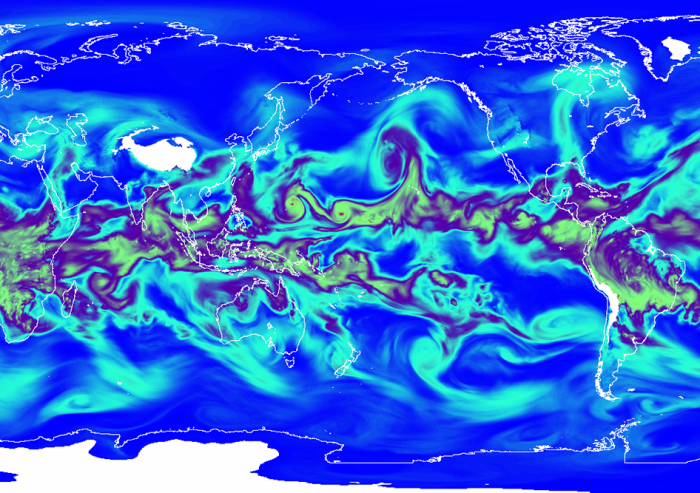 This image shows humidity in the lower atmosphere in a global high-resolution model used to study the effect of climate change on weather extremes.Image courtesy of Paul O'Gorman.