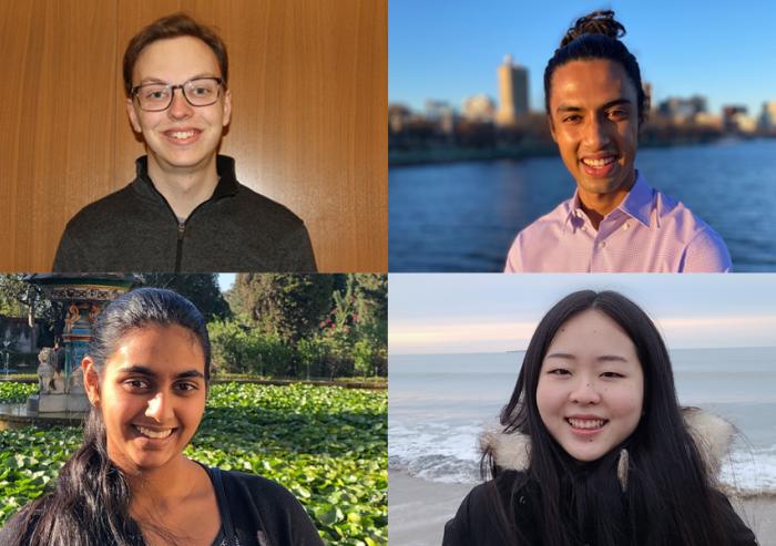 
              Clockwise from top left: Spencer Compton, Karna Morey, Lily Zhang, and Tara Venkatadri are four of the 410 undergraduates in the United States to receive 2020-21 Goldwater Scholarships.
              Photos courtesy of the students.
      