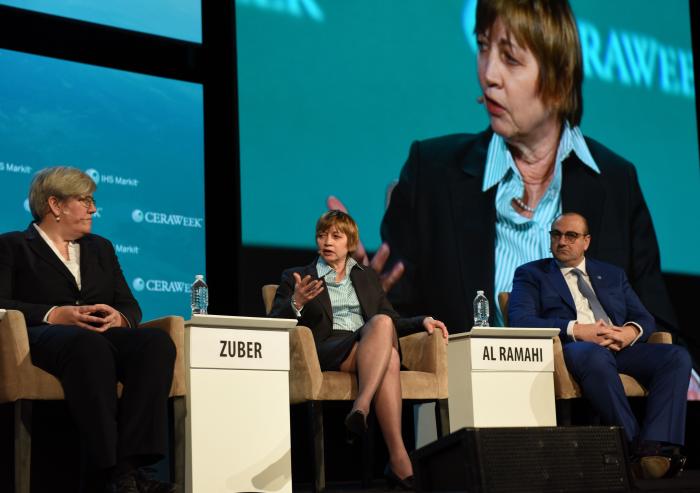 MIT Vice President for Research Maria Zuber takes part in a panel on post-Paris Agreement climate and energy strategies at CERAWeek 2017 in Houston, Texas.Photo: Greg Hamill