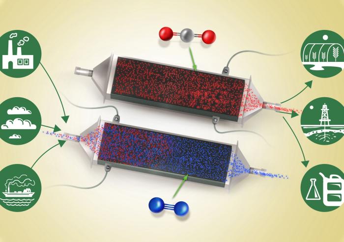 
              First developed at MIT, the technology enabled by Verdox enables a flow of air or flue gas (blue) containing carbon dioxide (red) to enter the system from the left. As it passes between thin battery electrode plates, carbon dioxid...