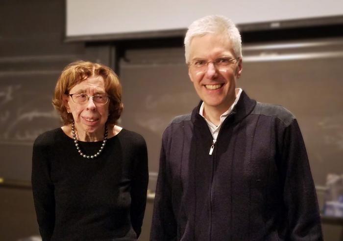 Audrey Buyrn (left) congratulates Raffaele Ferrari on his MIT School of Science Ally of Nature Fund Award.Photo: Lauren Hinkel
