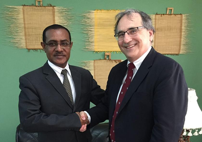Joint Program on the Science and Policy of Global Change Research Scientist Kenneth Strzepek meets with Ethiopian Minister of Agriculture Tefera Deribew.Photo: Brent Boehlert