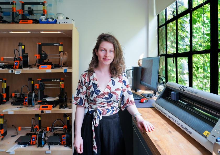 Ganit Goldstein SM ’23, a 2023 MIT MAD Fellow, uses 3D printing techniques in her textile work. She is seen here in a makerspace in Building N52.
Photo: Adelaide Zollinger
Ganit Goldstein SM ’23, a 2023 MIT MAD Fellow, uses 3D printing techniques in her textile work. She is seen here in a makerspace in Building N52.
Photo: Adelaide Zollinger