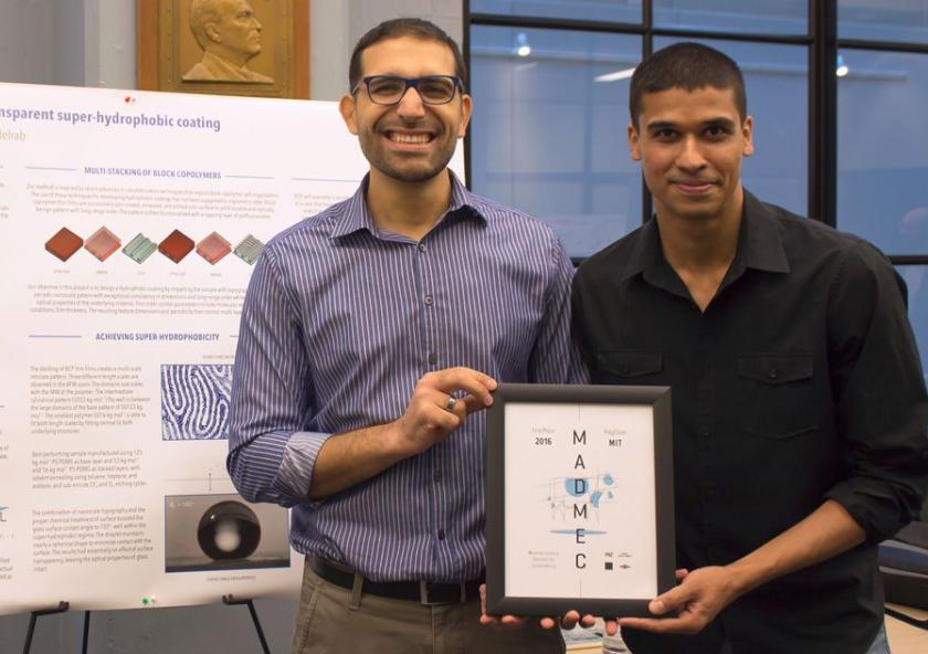 PolyClean, a team formed by PhD students Karim Gadelrab (left) and Mukarram Tahir, took home the $10,000 grand prize at yesterday’s MADMEC competition for developing a transparent, water-shedding coating for car windshields. PolyClean, a team formed by PhD students Karim Gadelrab (left) and Mukarram Tahir, took home the $10,000 grand prize at yesterday’s MADMEC competition for developing a transparent, water-shedding coating for car windshields.