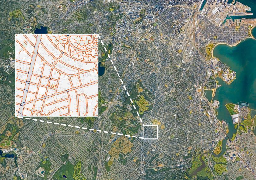 MIT researchers have built TILE2NET, an open-source tool that uses aerial imagery and image-recognition to create complete maps of sidewalks and crosswalks. Pictured is a view of Boston with an inset showing how the model detecte...
MIT researchers have built TILE2NET, an open-source tool that uses aerial imagery and image-recognition to create complete maps of sidewalks and crosswalks. Pictured is a view of Boston with an inset showing how the model detecte...