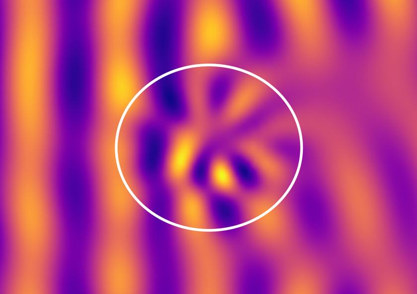 
              This image shows the electric field scattering from a dense, turbulent plasma filament, which is represented by the white circle. While to the left (upstream) of the filament the wave trajectory is undisturbed, to the right it i...