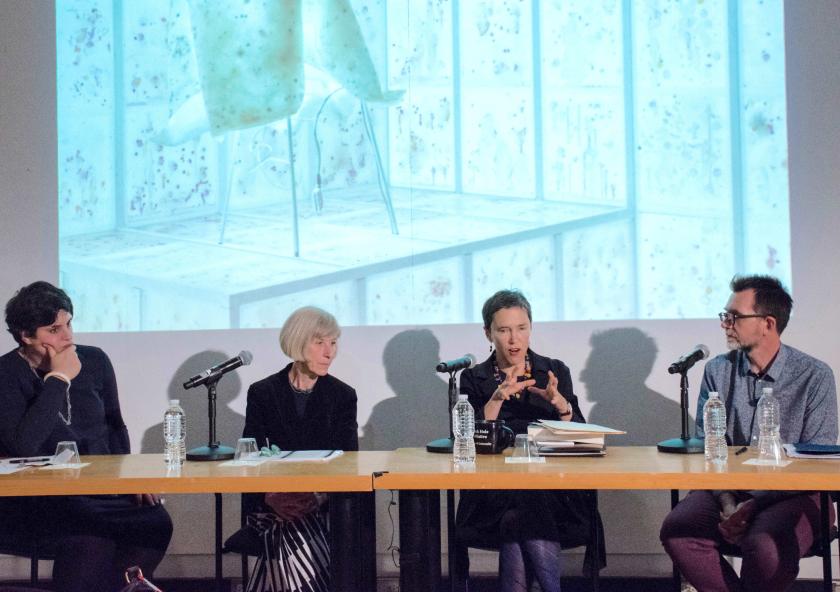 Left to right: Rania Ghosn, Rosalind Williams, and Caroline Jones joined guest lecturer Imre Szeman for a panel discussion after his talk on ways to shift from “petroculture.”Photo: Deirdre Carson/MIT Energy Initiative Left to right: Rania Ghosn, Rosalind Williams, and Caroline Jones joined guest lecturer Imre Szeman for a panel discussion after his talk on ways to shift from “petroculture.”Photo: Deirdre Carson/MIT Energy Initiative