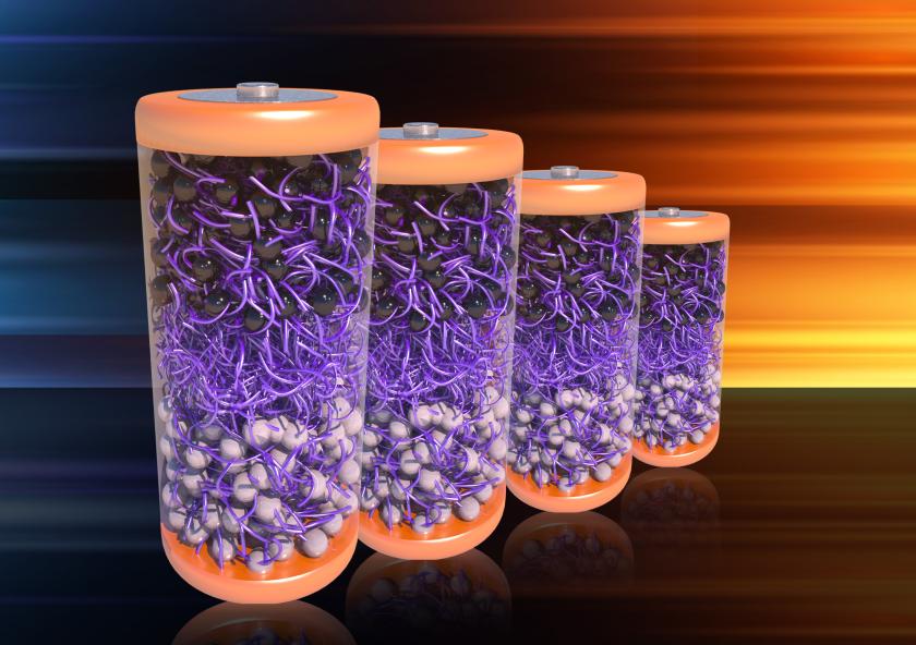 A depiction of batteries made with MIT researchers’ new electrolyte material, which is made from a class of molecules that self-assemble in water, named aramid amphiphiles (AAs), whose chemical structures and stability mimic Kevlar. A depiction of batteries made with MIT researchers’ new electrolyte material, which is made from a class of molecules that self-assemble in water, named aramid amphiphiles (AAs), whose chemical structures and stability mimic Kevlar.