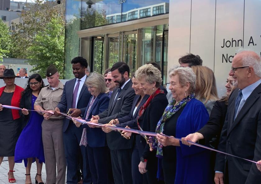 President Sally Kornbluth, fifth from left, joins Governor Maura Healey and members of the federal government and Cambridge community for a ribbon cutting at the new John A. Volpe National Transportation Systems Center.
...
President Sally Kornbluth, fifth from left, joins Governor Maura Healey and members of the federal government and Cambridge community for a ribbon cutting at the new John A. Volpe National Transportation Systems Center.
...