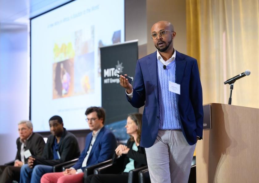 During MITEI’s Spring Symposium, MIT Assistant Professor Iwnetim Abate (right) said that geologic hydrogen opens up the idea of earth as a “factory to produce clean fuels,” utilizing the subsurface heat and pressure instead of relying on burning fossil fuels or natural gas for the same purpose.