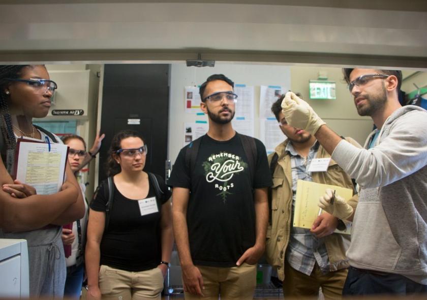 Chemical engineering postdoc Antoni Forner-Cuenca (far right) explains work in the Brushett Lab on advanced flow batteries for grid-level energy storage to 2017 MPC-CMSE Summer Scholars (l-r) Kaila Holloway, Gaetana Michelet, Alexandra Oliveira...