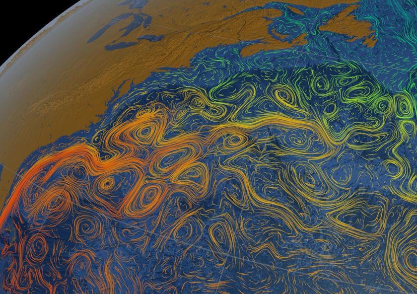 This visualization shows the Gulf Stream's sea surface currents and and temperatures.Image: MIT/JPL project entitled Estimating the Circulation and Climate of the Ocean, Phase II (ECCO2) This visualization shows the Gulf Stream's sea surface currents and and temperatures.Image: MIT/JPL project entitled Estimating the Circulation and Climate of the Ocean, Phase II (ECCO2)