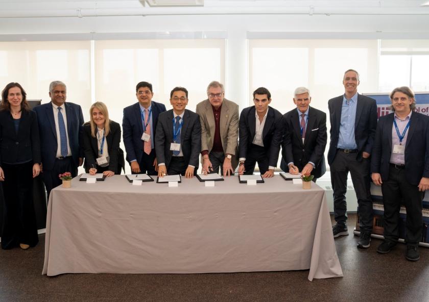 Representatives from across the MIT Maritime Consortium attended a signing ceremony at MIT. Left to right: Fotini Christia (MIT), Anantha Chandrakasan (MIT), Chara Papaefthymiou (Navios), Amulya Mohapatra (Foresight Group Services), Kwangpil Chang (HD KSOE), Chris Wiernicki (ABS), Miltiadis Marinakis (Capital), John Lycouris (Dorian LPG), Daniel Huttenlocher (MIT), and Themis Sapsis (MIT). Representatives from across the MIT Maritime Consortium attended a signing ceremony at MIT. Left to right: Fotini Christia (MIT), Anantha Chandrakasan (MIT), Chara Papaefthymiou (Navios), Amulya Mohapatra (Foresight Group Services), Kwangpil Chang (HD KSOE), Chris Wiernicki (ABS), Miltiadis Marinakis (Capital), John Lycouris (Dorian LPG), Daniel Huttenlocher (MIT), and Themis Sapsis (MIT).