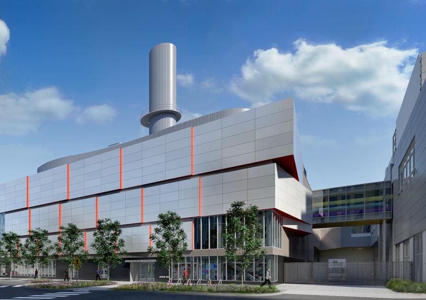 Conceptual sketch of the upgraded MIT Central Utilities Plant, as viewed from Portland StreetIllustration courtesy of Ellenzweig Architects.