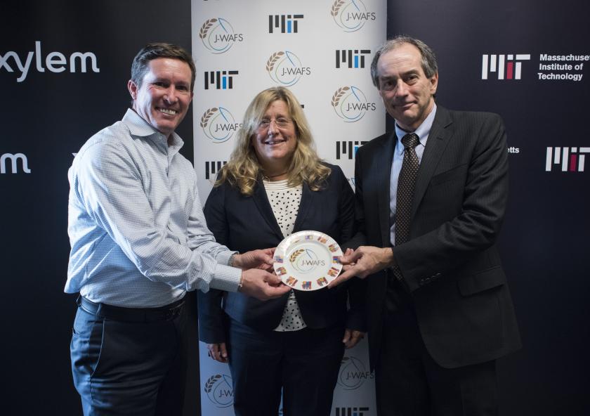 Left to right: Xylem CEO Patrick Decker, MIT Associate Provost Karen Gleason, and J-WAFS Director John Lienhard celebrate the signing of the J-WAFS Research Affiliate agreement.Photo: David Sella