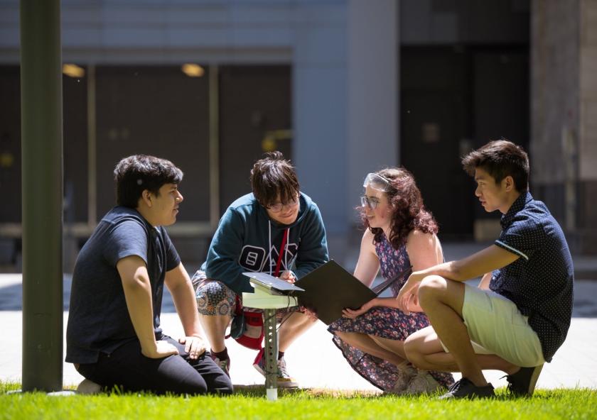 Left to right: Fabian Velasquez, Rafael Olivera-Cintron, Katherine Mohr, and Michael Lu test their solar-powered sensor in a sunny spot on the MIT campus.
Photo: Gretchen Ertl
Left to right: Fabian Velasquez, Rafael Olivera-Cintron, Katherine Mohr, and Michael Lu test their solar-powered sensor in a sunny spot on the MIT campus.
Photo: Gretchen Ertl