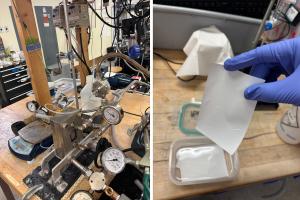 The researchers demonstrated the membrane’s performance in lab-scale experiments, pictured, using a novel membrane to filter various solutions that were similar in content to the waste streams produced by aluminum plants.