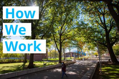 image of green trees and campus walkway with "HOW WE WORK" typed over
