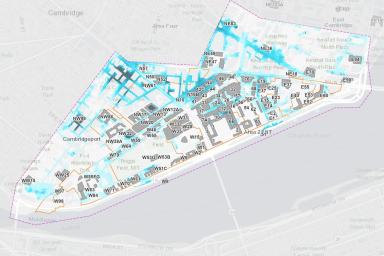 campus map of MIT with blue colors indicating potential flooding
