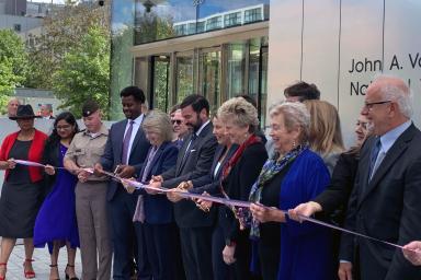 
              President Sally Kornbluth, fifth from left, joins Governor Maura Healey and members of the federal government and Cambridge community for a ribbon cutting at the new John A. Volpe National Transportation Systems Center.
            ...